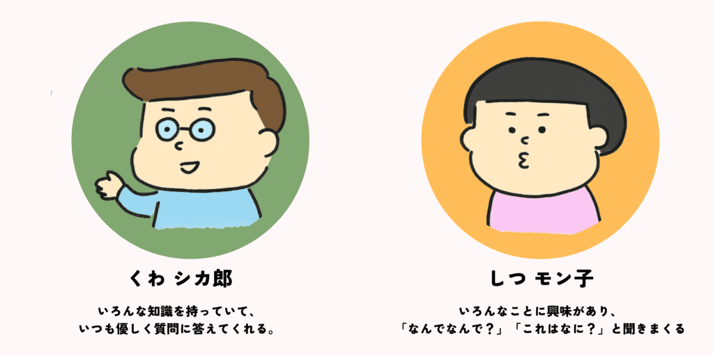 くわシカ郎としつモン子のイラスト。くわシカ郎は知識が豊富で優しく質問に答えるキャラクター。しつモン子は好奇心旺盛で「なんで？」「これはなに？」と質問するキャラクター。