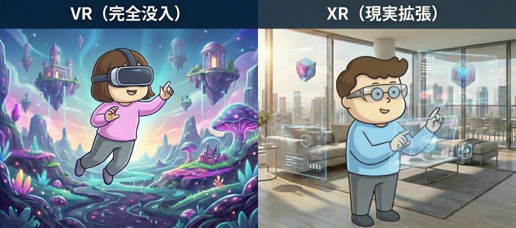 VRは完全な仮想空間に没入する体験、XRは現実世界にデジタル情報が重なって表示される体験の違いを左右で比較したイメージ